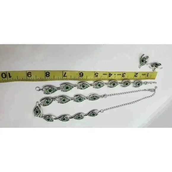 Vintage good luck Necklace Bracelet Earrings Set Silver Wishbone Rhinestone - Picture 5 of 11